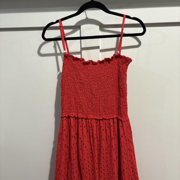 Made in Italy Dress Womens Medium Red Eyelet Smocked Tiered Maxi Sundress - Picture 6 of 12